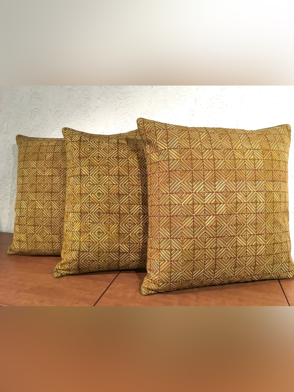 Vintage 80s Olive/Brick Hand Printed Batik Pillows w Cording- Covers Only 23x23